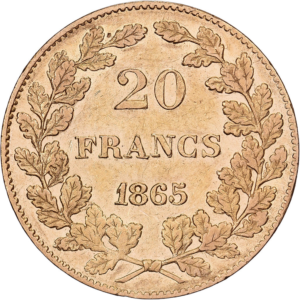 België, 20 Francs, Leopold I, 1865, Brussels, Goud, ZF, KM:23