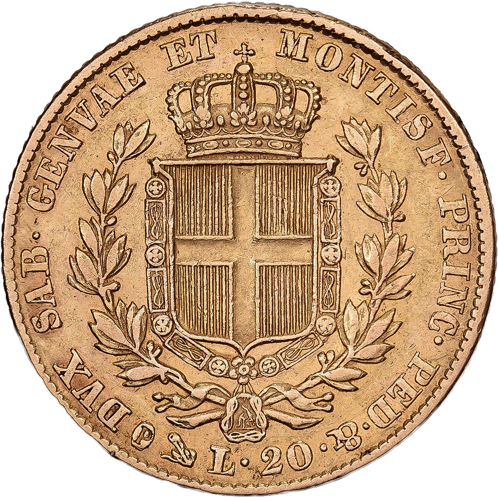 ESTADOS ITALIANOS, SARDINIA, 20 Lire, Carlo Alberto, 1849, Genoa, Dourado