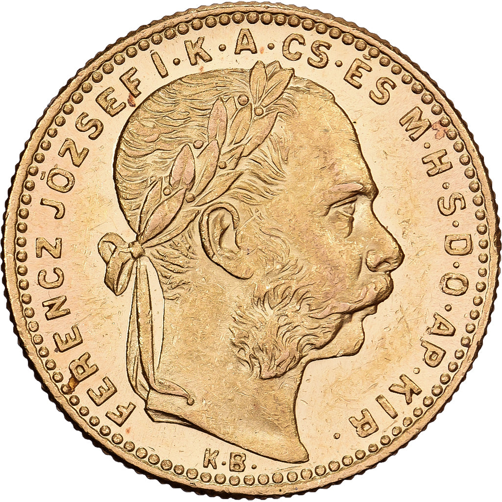 Hungría, 8 Forint 20 Francs, Franz Joseph I, 1887, Kormoczbanya, Prooflike