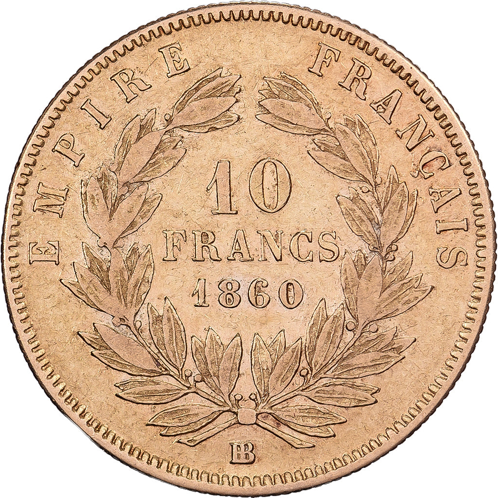 Francja, 10 Francs, Napoléon III, 1860, Strasbourg, Złoto, VF(30-35)