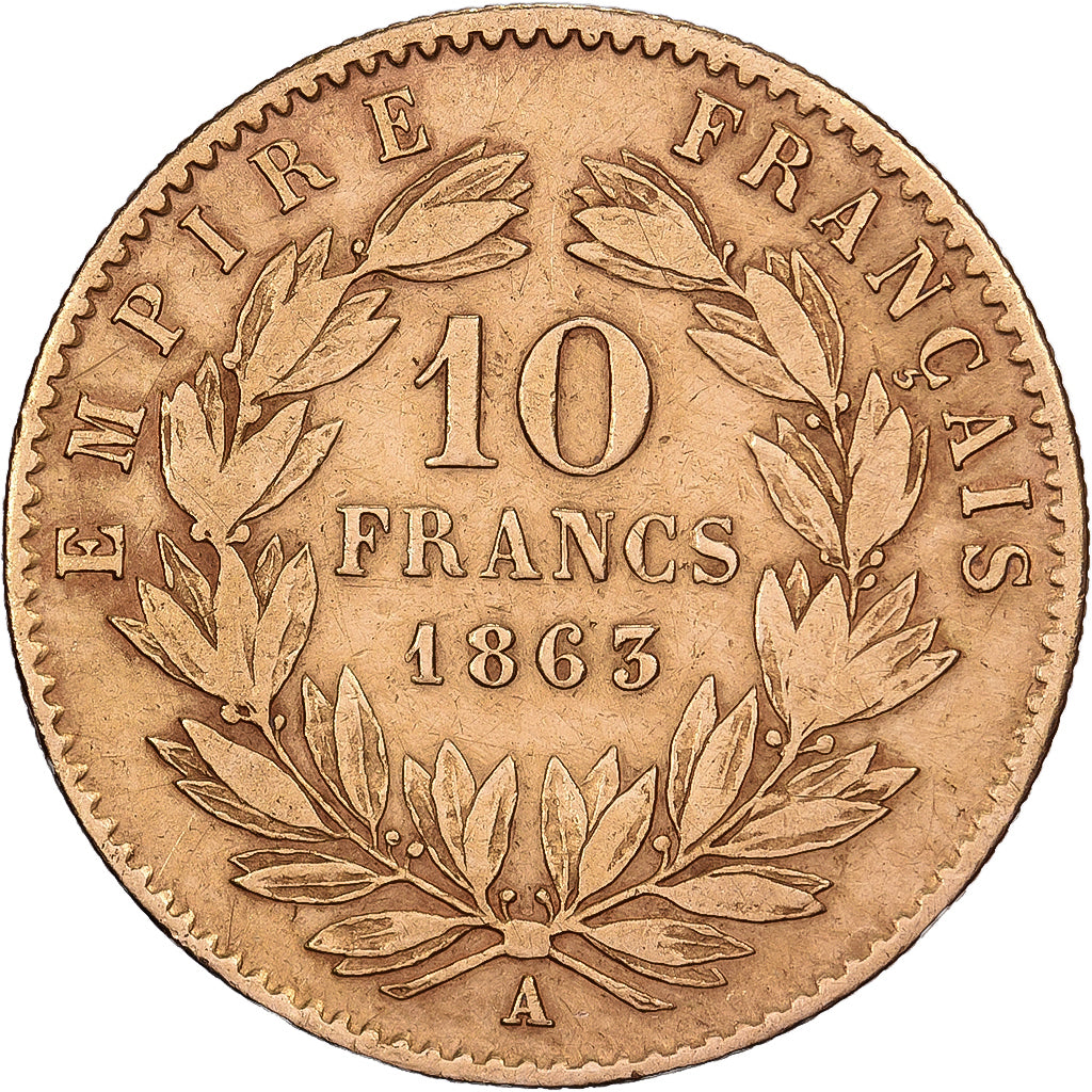 Francia, 10 Francs, Napoléon III, 1863, Paris, Oro, MB+, Gadoury:1015, KM:800.1