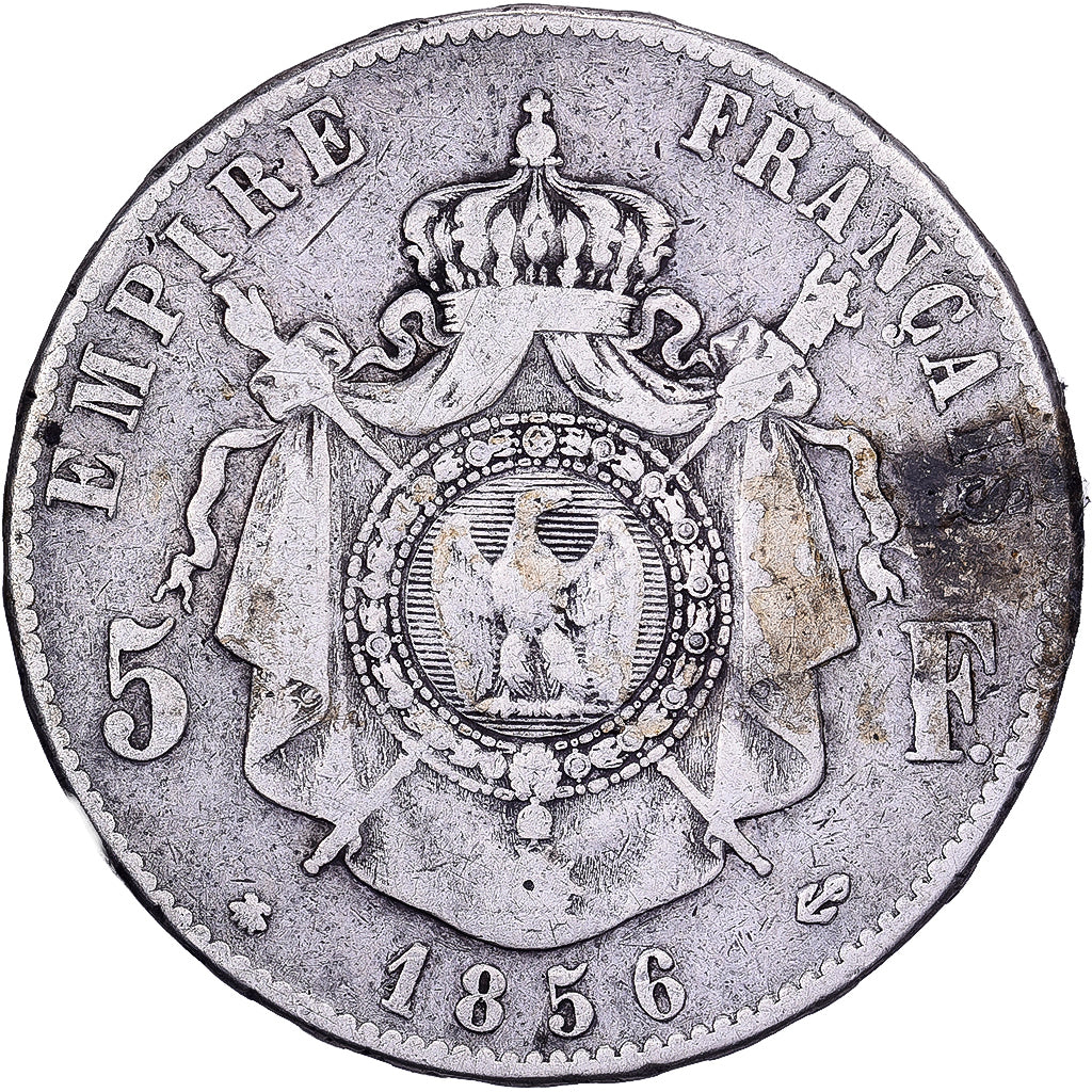 França, 5 Francs, Napoléon III, 1856, Strasbourg, Prata, F(12-15)