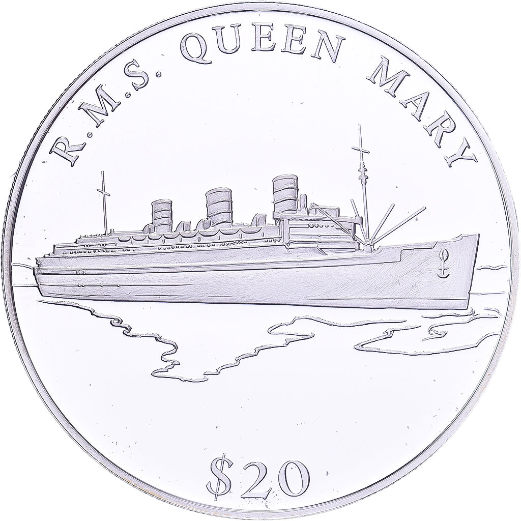 Liberia, 20 Dollars, History of Navigation, 2000, K.M.S QUEEN MARY, Argento