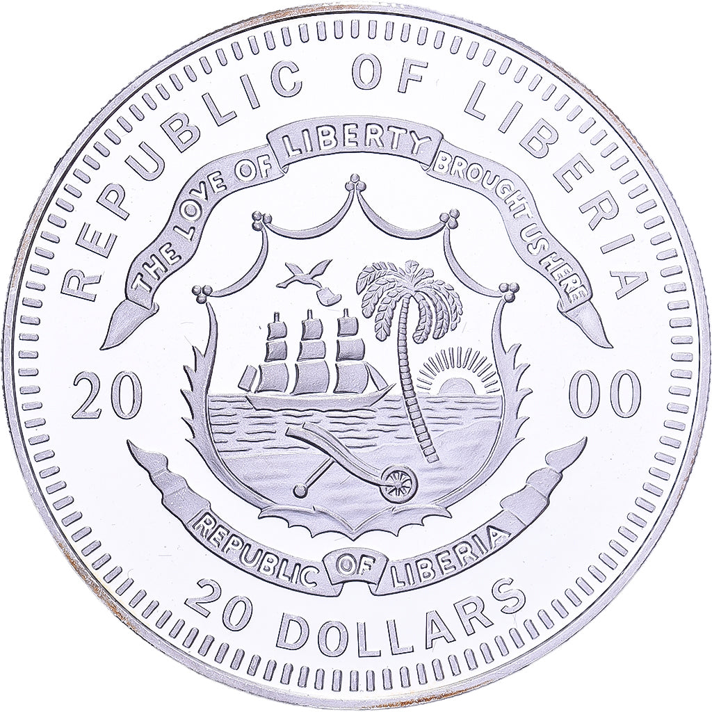Liberia, 20 Dollars, History of Navigation, 2000, Pamir, Silver, MS(64), KM:647