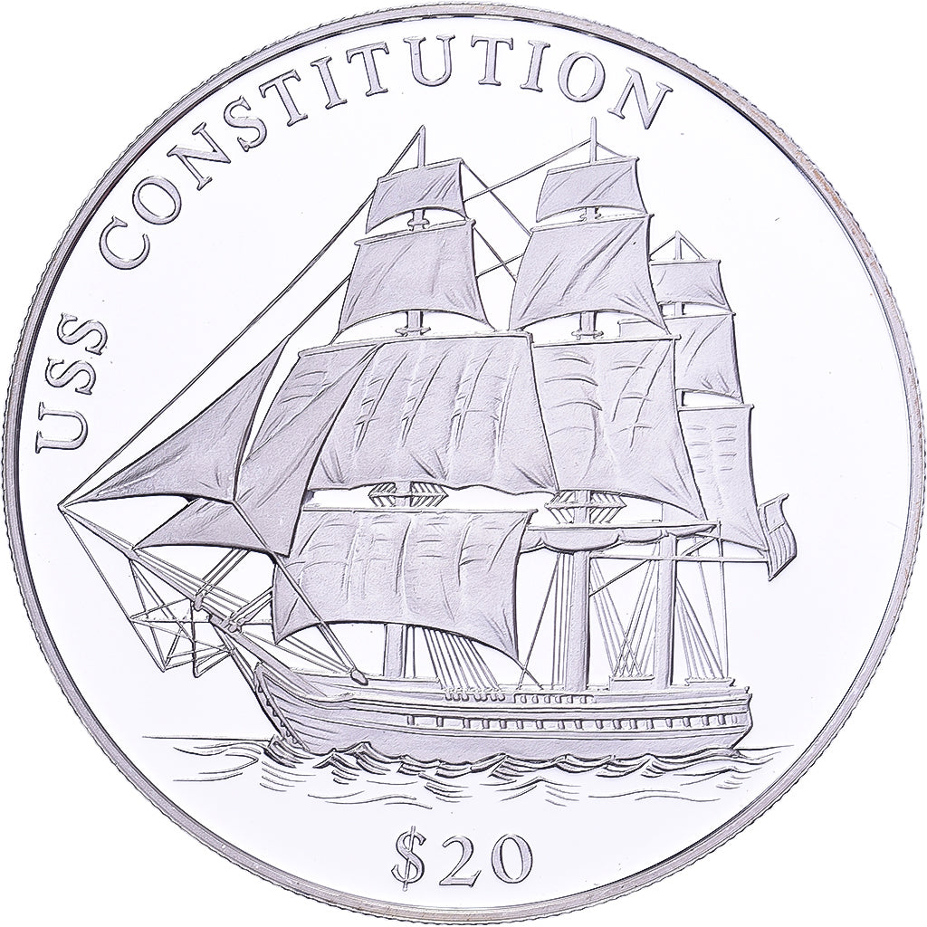 Liberia, 20 Dollars, History of Navigation, 2000, USS Constitution, Silver