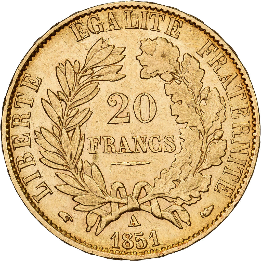 France, 20 Francs, Cérès, 1851, Paris, Gold, AU(50-53), Gadoury:1059, KM:762