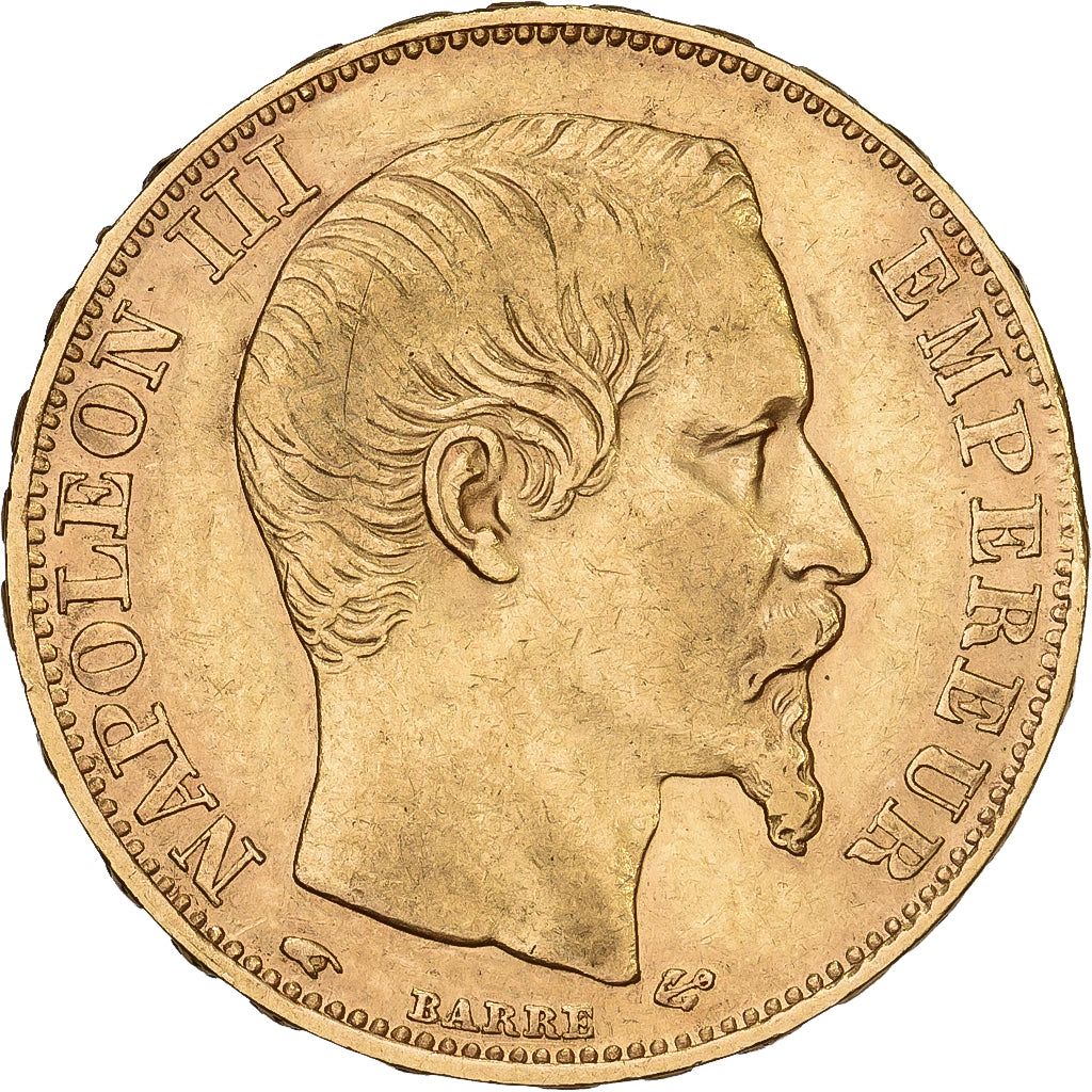 France, 20 Francs, Napoléon III, 1856, Paris, error clipped planchet, Gold