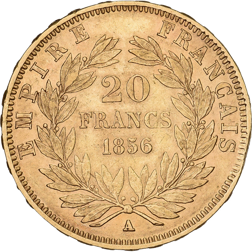 France, 20 Francs, Napoléon III, 1856, Paris, error clipped planchet, Gold
