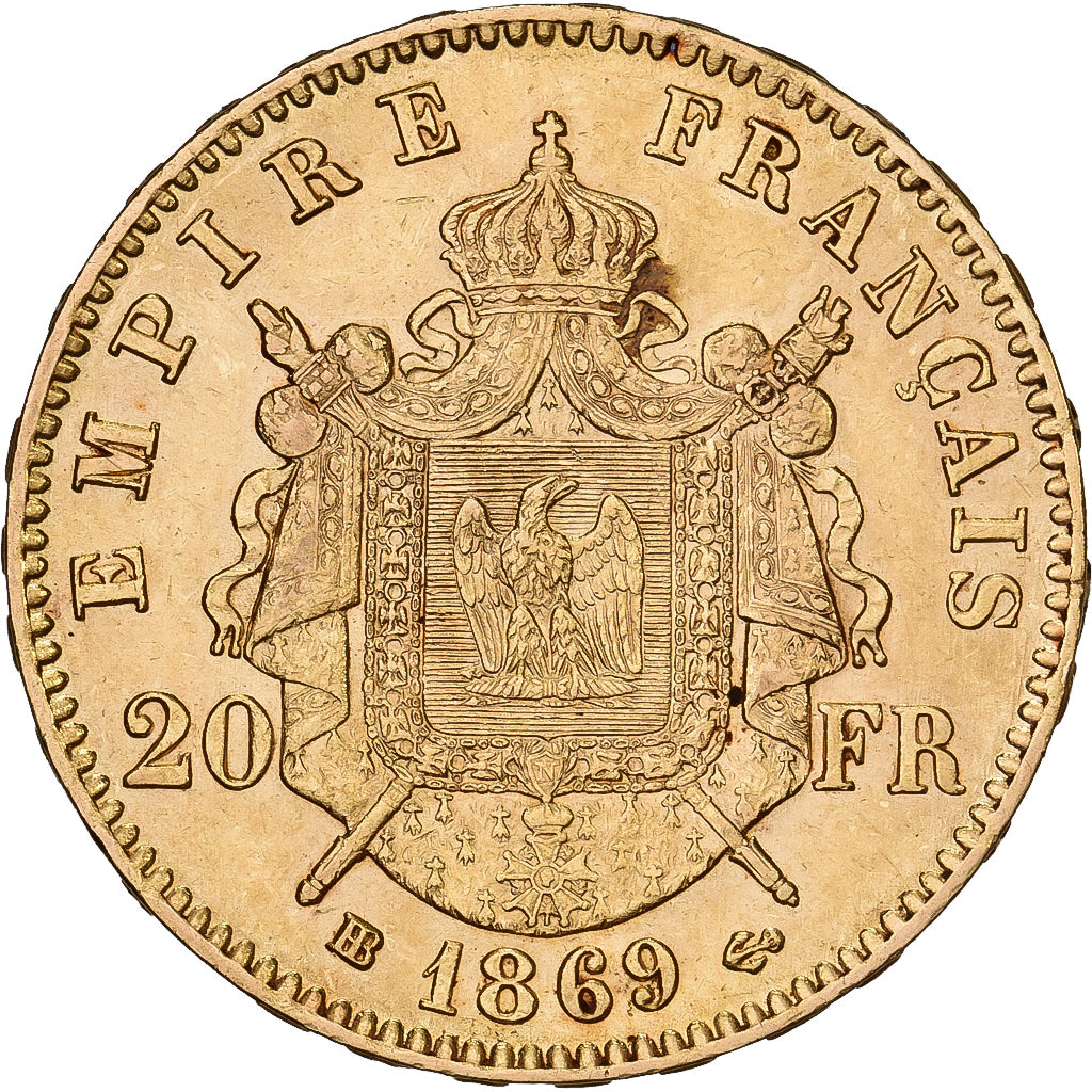 France, 20 Francs, Napoléon III, 1869, Strasbourg, Gold, MS(60-62)