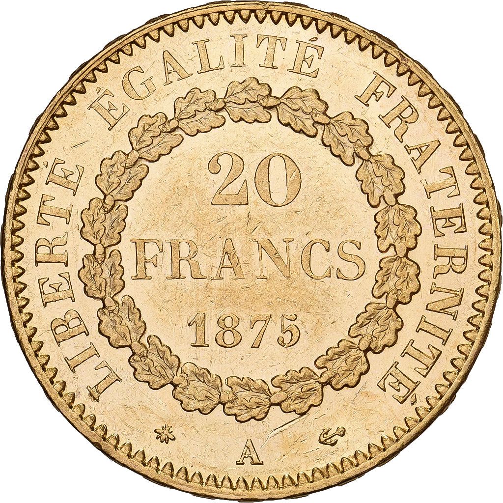 France, 20 Francs, Génie, 1875, Paris, Gold, AU(55-58), Gadoury:1063, KM:825