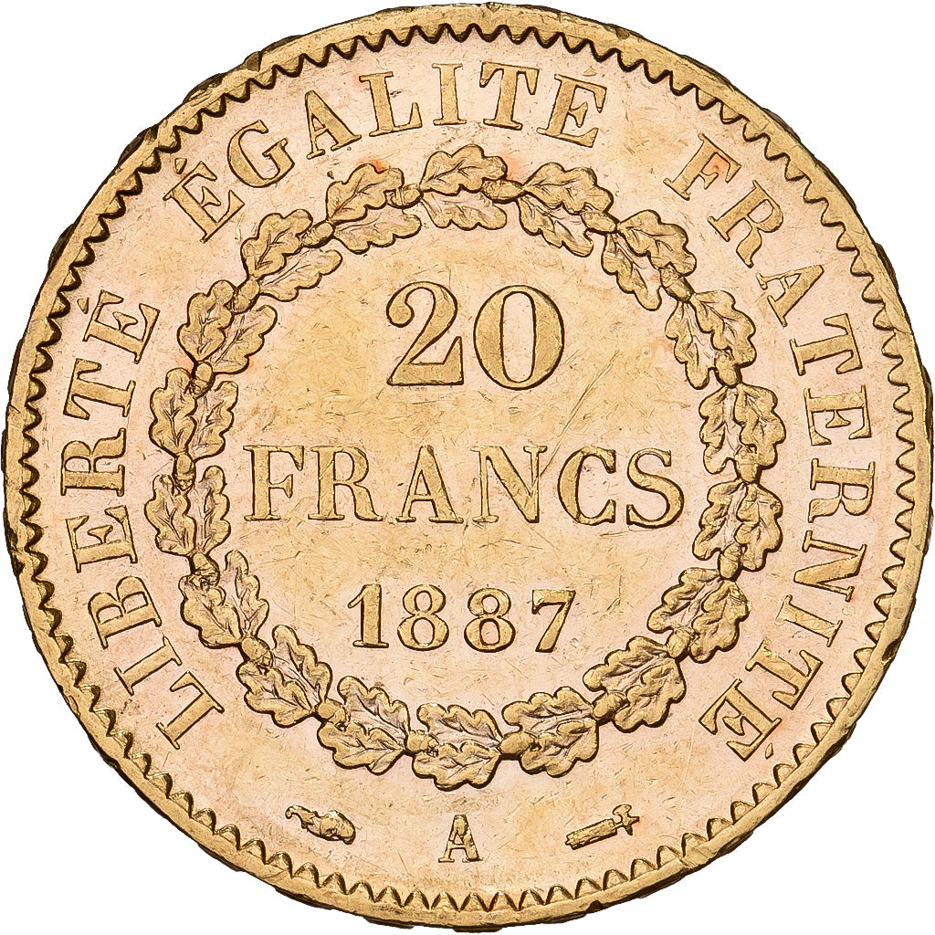 France, 20 Francs, Génie, 1887, Paris, Gold, AU(55-58), Gadoury:1063, KM:825