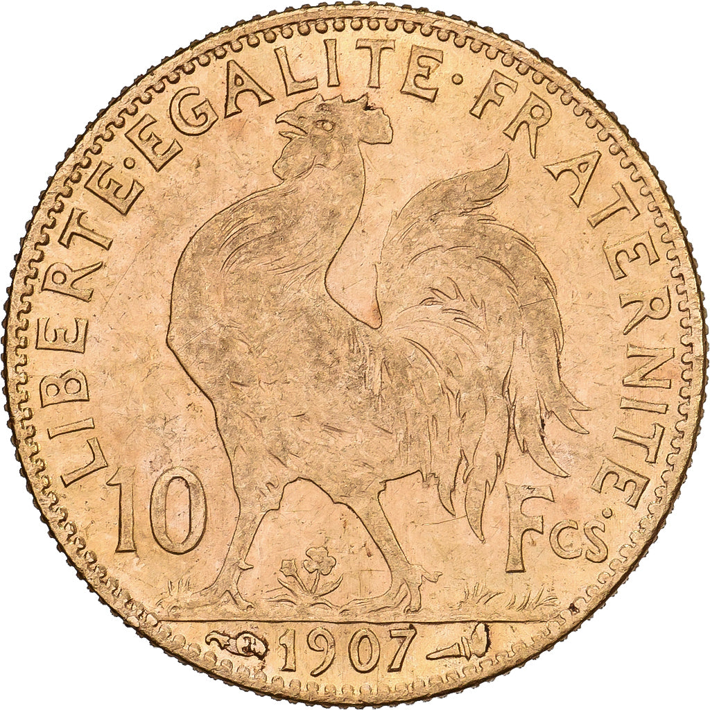 France, 10 Francs, Marianne Coq, 1907, Paris, Gold, AU(55-58), KM:846