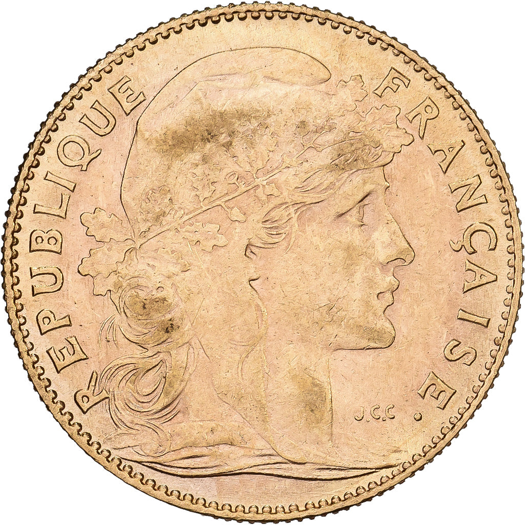 Francja, 10 Francs, Marianne Coq, 1912, Paris, Złoto, AU(55-58), Gadoury:1017