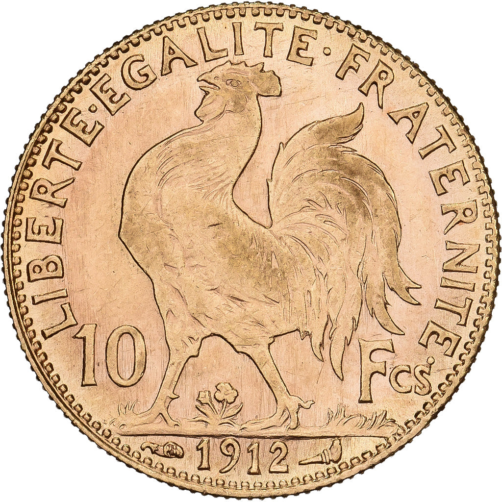 Francja, 10 Francs, Marianne Coq, 1912, Paris, Złoto, AU(55-58), Gadoury:1017