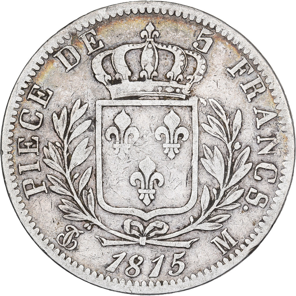 França, 5 Francs, Louis XVIII, 1815, Toulouse, Prata, VF(20-25), Gadoury:591