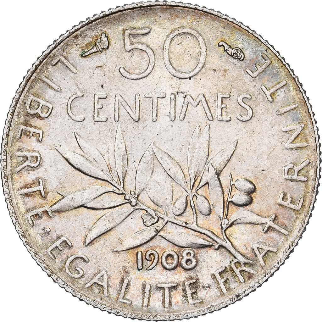Francia, 50 Centimes, Semeuse, 1908, Paris, Argento, SPL, Gadoury:420, KM:854