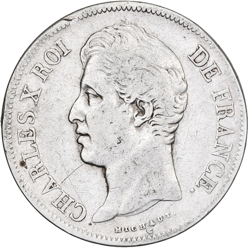 França, 5 Francs, Charles X, 1827, Lyon, Prata, VF(20-25), Gadoury:644