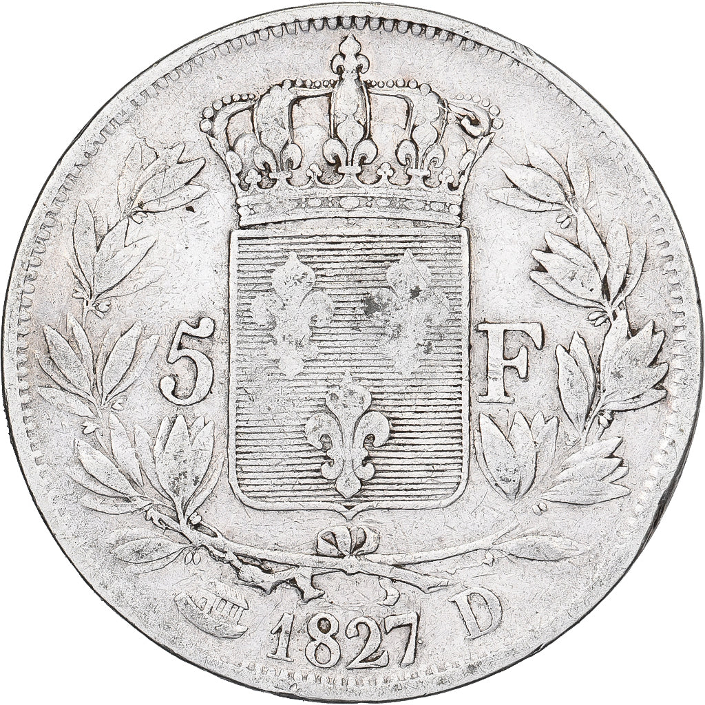 França, 5 Francs, Charles X, 1827, Lyon, Prata, VF(20-25), Gadoury:644