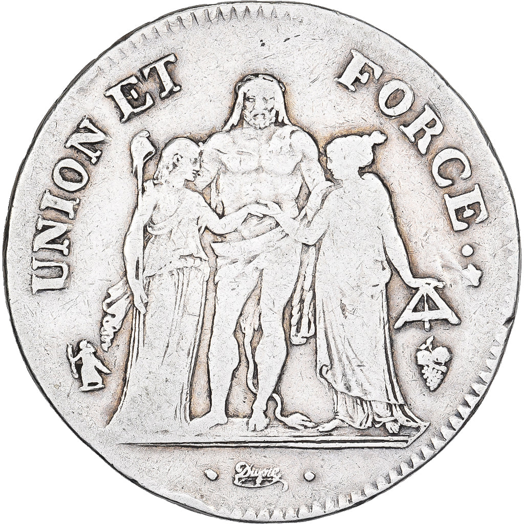 França, 5 Francs, Union et Force, AN 8, Perpignan, Prata, VF(20-25)