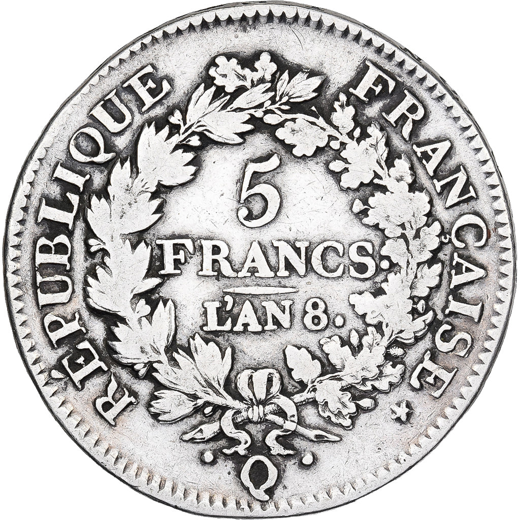 França, 5 Francs, Union et Force, AN 8, Perpignan, Prata, VF(20-25)