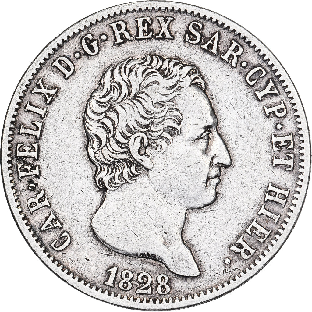 Italian States, SARDINIA, Carlo Felice, 5 Lire, 1828, Genoa, Silver, EF(40-45)
