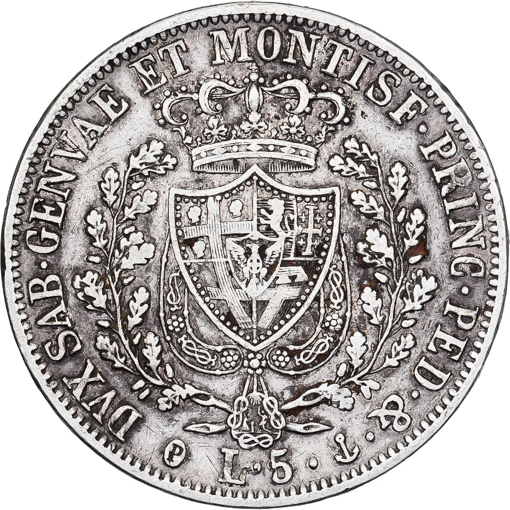 Italian States, SARDINIA, Carlo Felice, 5 Lire, 1828, Genoa, Silver, EF(40-45)