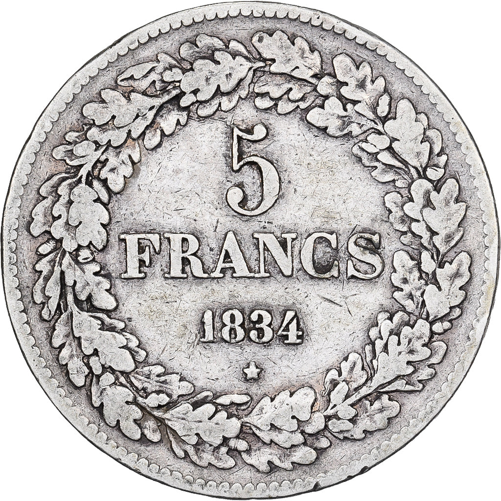 Belgium, Leopold I, 5 Francs, 5 Frank, 1834, Brussels, Silver, VF(30-35), KM:3.1