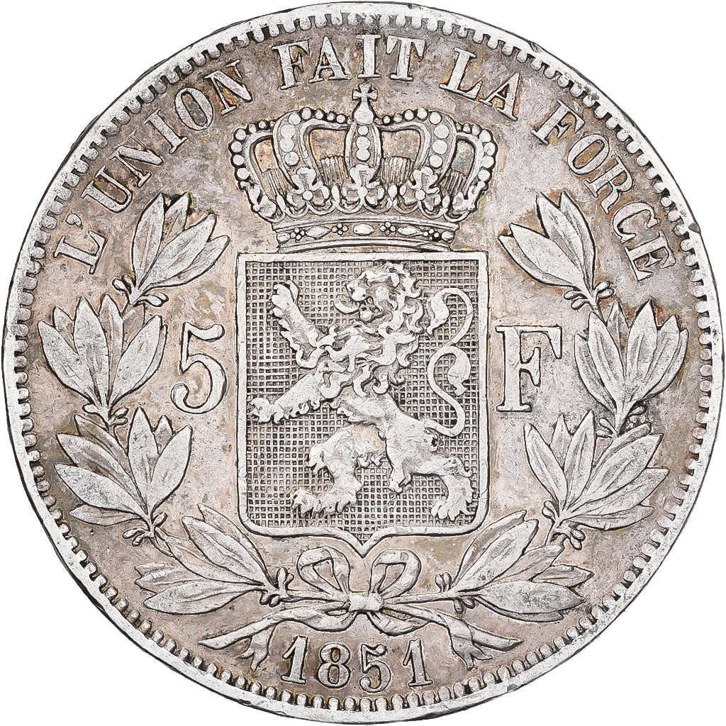 Belgia, Leopold I, 5 Francs, 5 Frank, 1851, Srebro, VF(30-35), KM:17