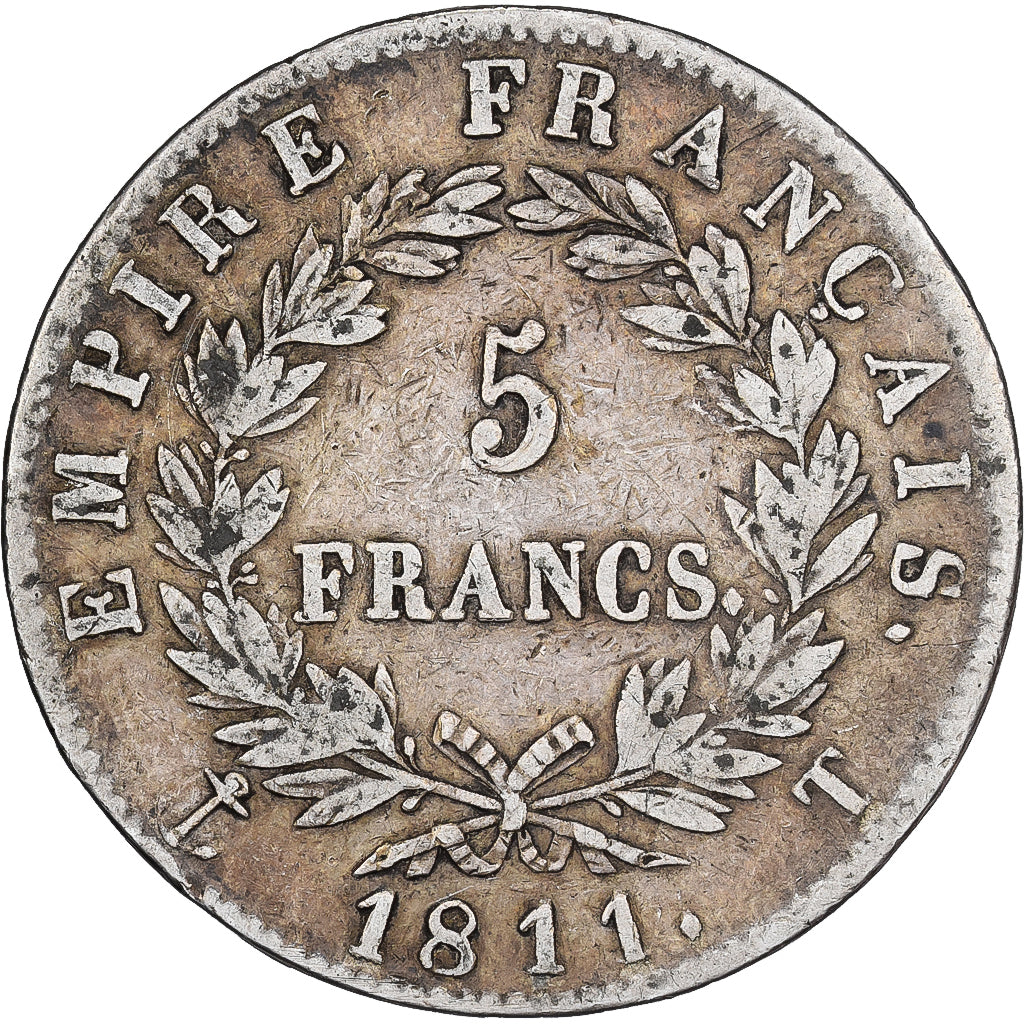 Francja, 5 Francs, Napoléon I, 1811, Nantes, Srebro, VF(20-25), KM:694.14