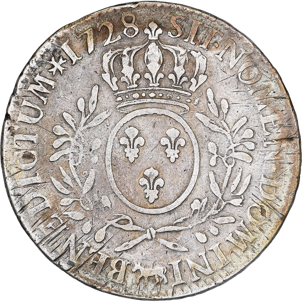Francia, Louis XV, Ecu, aux branches d'olivier, 1728, Pau, Plata, BC+