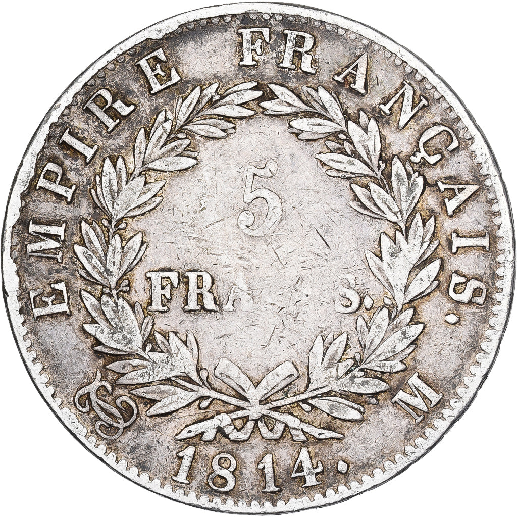 França, 5 Francs, Napoléon I, 1814, Toulouse, Prata, VF(30-35), Gadoury:584