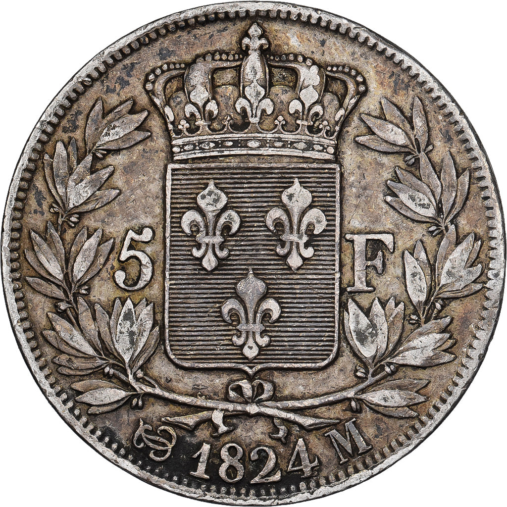 France, 5 Francs, Louis XVIII, 1824, Toulouse, Silver, EF(40-45), Gadoury:614