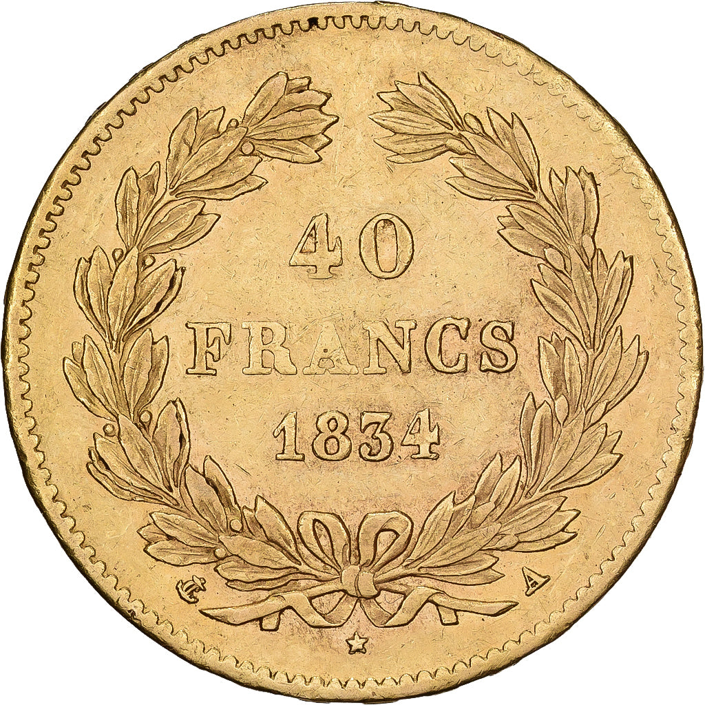 France, 40 Francs, Louis-Philippe, 1834, Paris, Gold, AU(50-53), Gadoury:1106