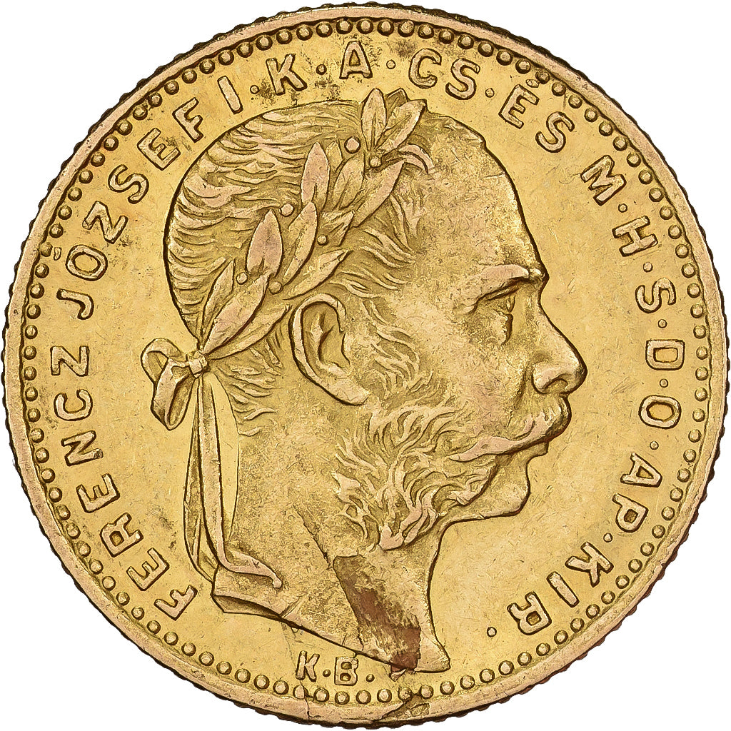 Hungria, 8 Forint 20 Francs, Franz Joseph I, 1885, Kormoczbanya, Dourado