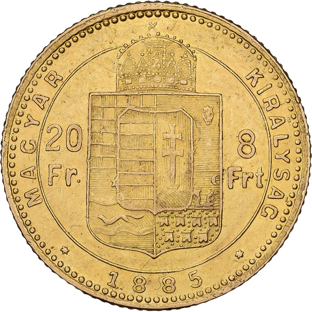 Hungria, 8 Forint 20 Francs, Franz Joseph I, 1885, Kormoczbanya, Dourado