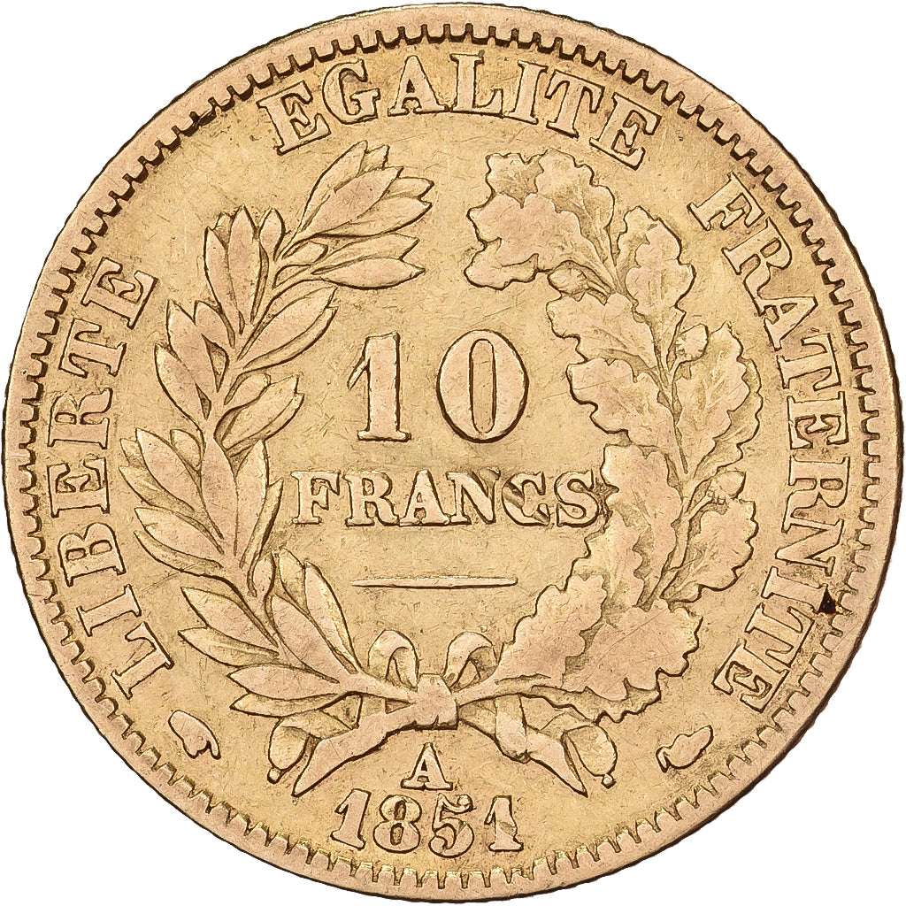 Francja, 10 Francs, Cérès, 1851, Paris, Złoto, VF(20-25), KM:770