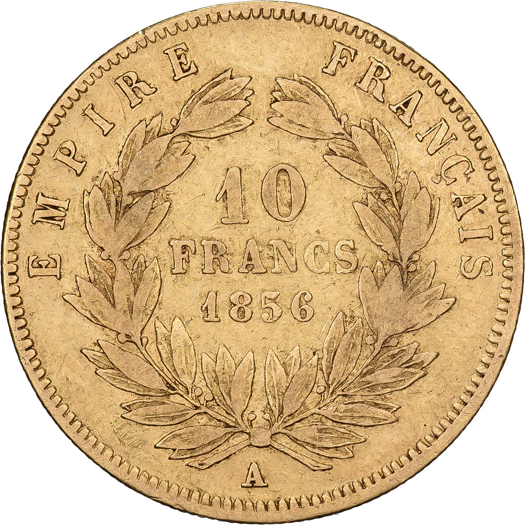 França, 10 Francs, Napoléon III, 1856, Paris, Dourado, VF(20-25)