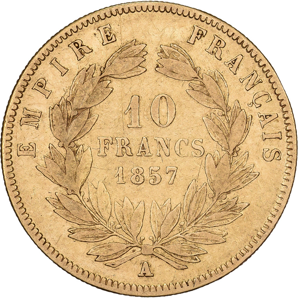 Francja, 10 Francs, Napoléon III, 1857, Paris, Złoto, VF(20-25), Gadoury:1014