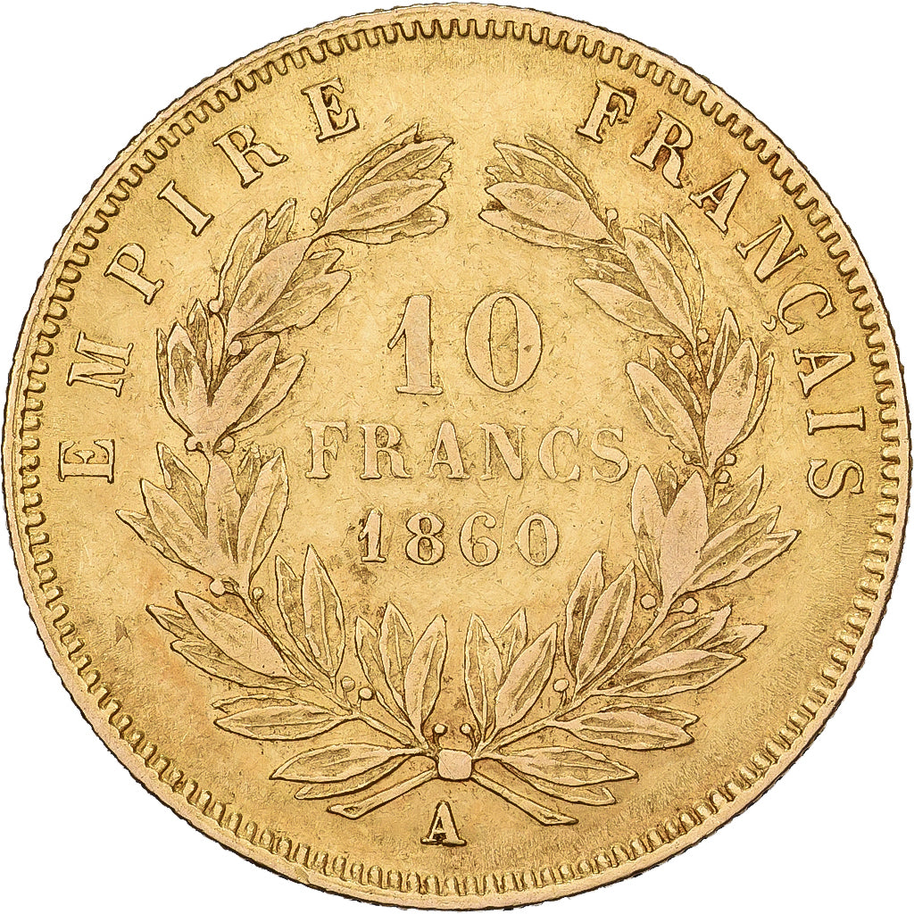 Francja, 10 Francs, Napoléon III, 1860, Paris, Złoto, EF(40-45), Gadoury:1014