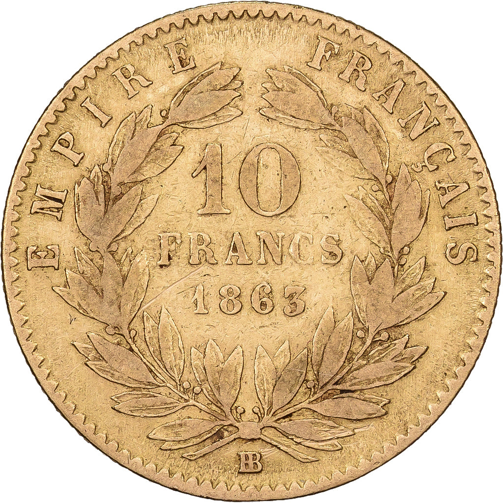 Francia, 10 Francs, Napoléon III, 1863, Strasbourg, Oro, BC+, Gadoury:1015