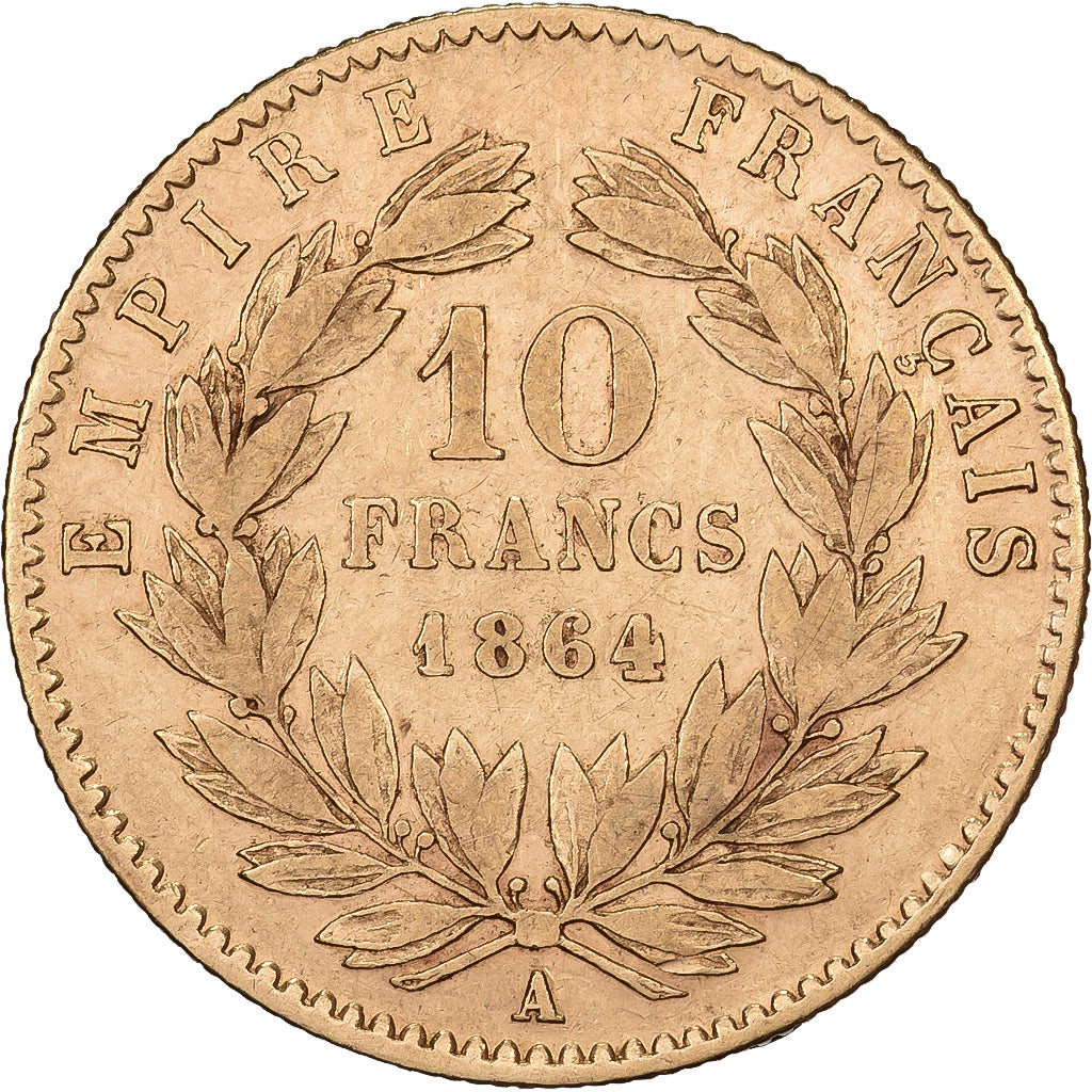 Francja, 10 Francs, Napoléon III, 1864, Paris, Złoto, AU(50-53), Gadoury:1015