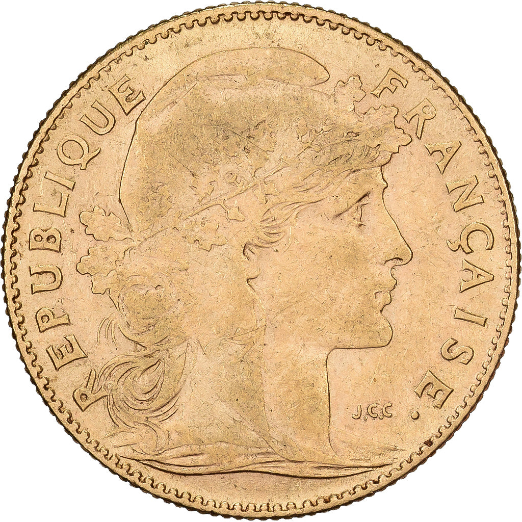 Francja, 10 Francs, Marianne Coq, 1911, Paris, Złoto, AU(50-53), KM:846