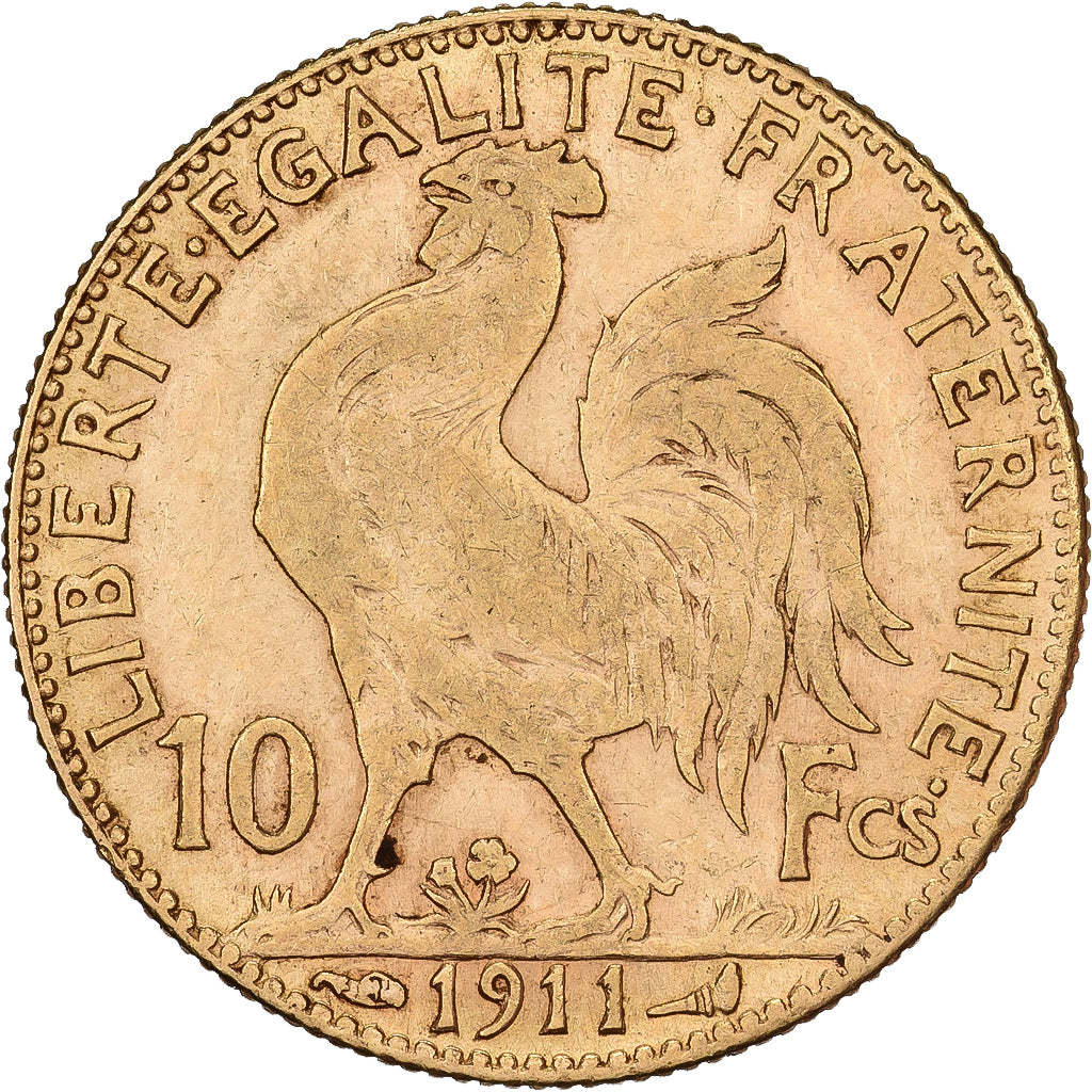 Francja, 10 Francs, Marianne Coq, 1911, Paris, Złoto, AU(50-53), KM:846