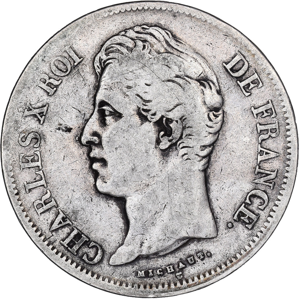 Francia, 5 Francs, Charles X, 1827, Lille, Plata, BC+, Gadoury:644, KM:728.13