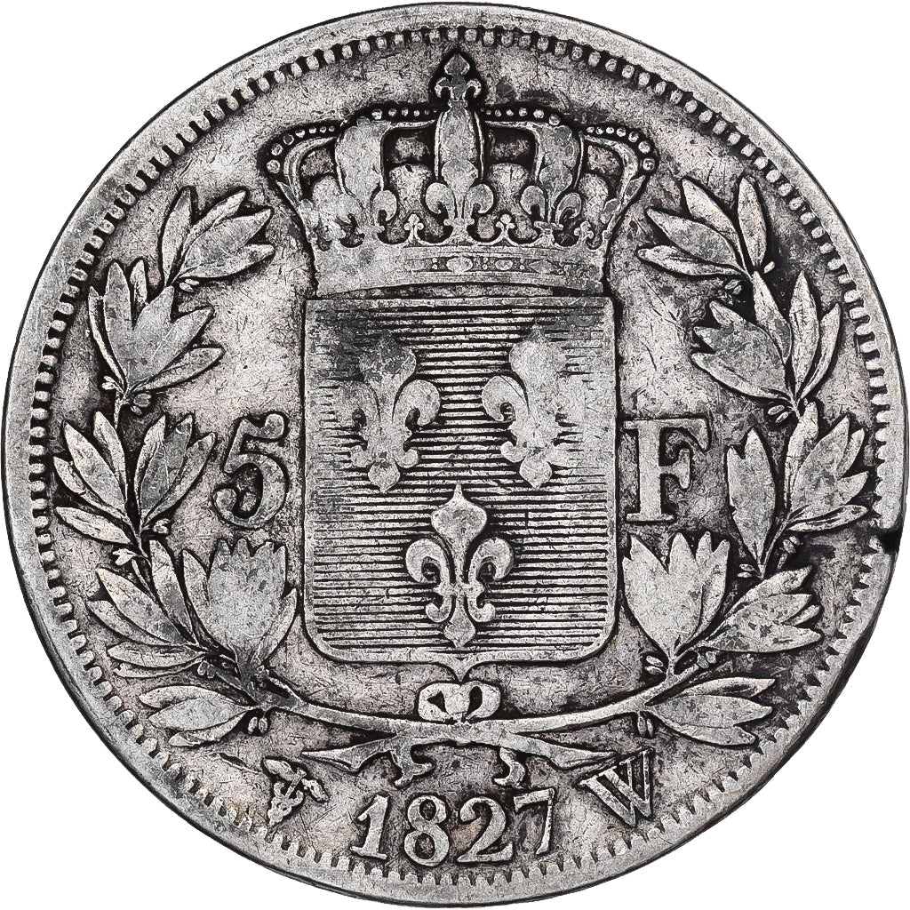 Francia, 5 Francs, Charles X, 1827, Lille, Plata, BC+, Gadoury:644, KM:728.13