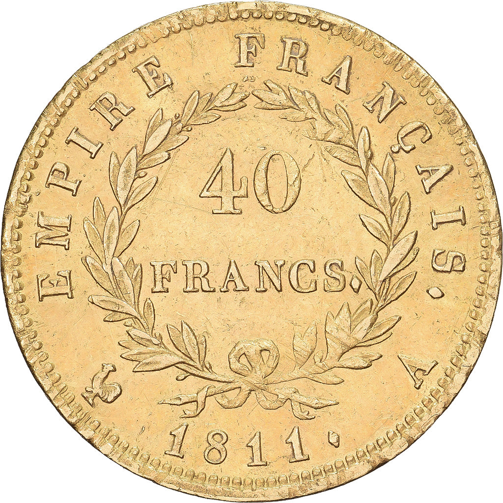 França, 40 Francs, Napoléon I, 1811, Paris, Dourado, AU(50-53), KM:696.1