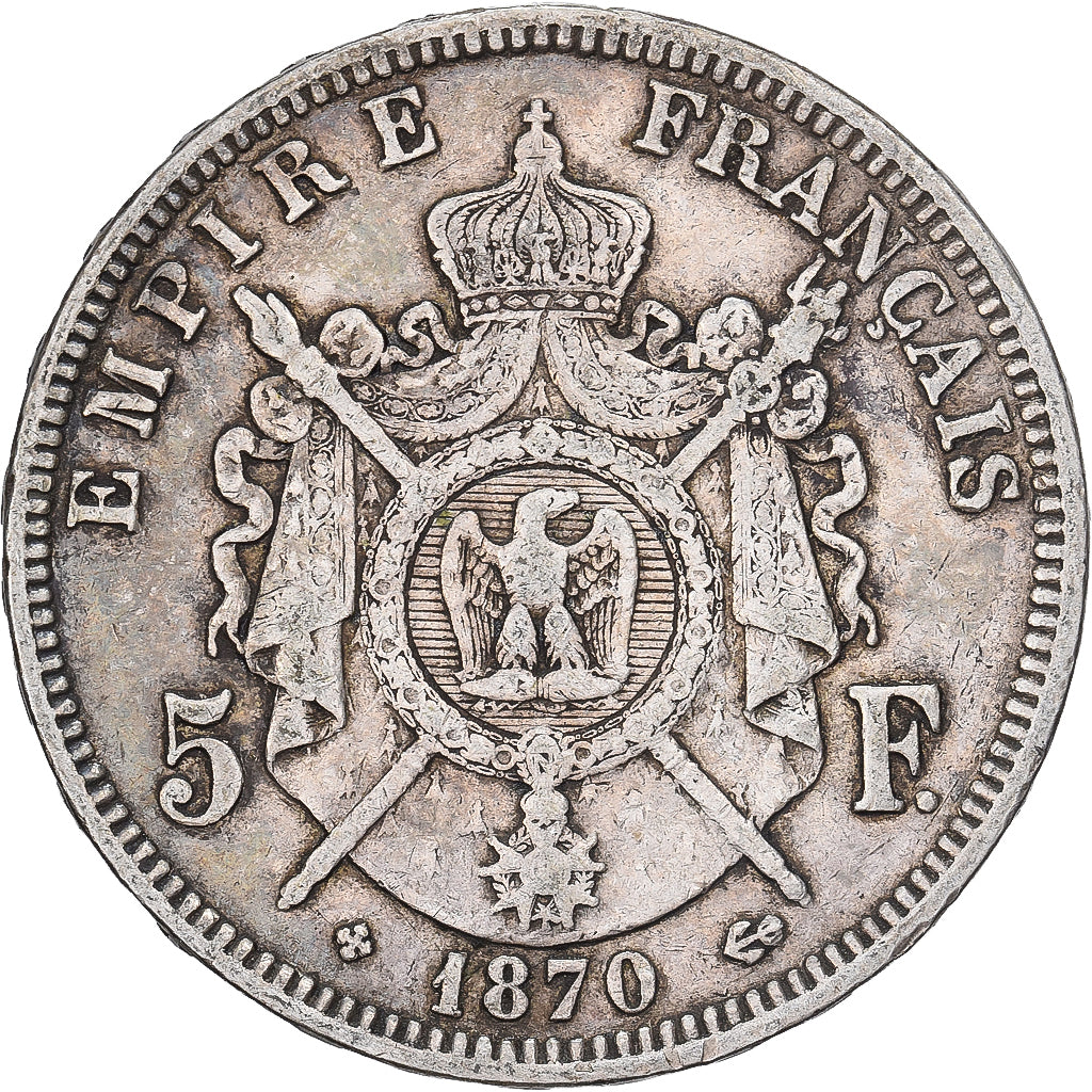 France, 5 Francs, Napoléon III, 1870, Strasbourg, Argent, TB+, Gadoury:739