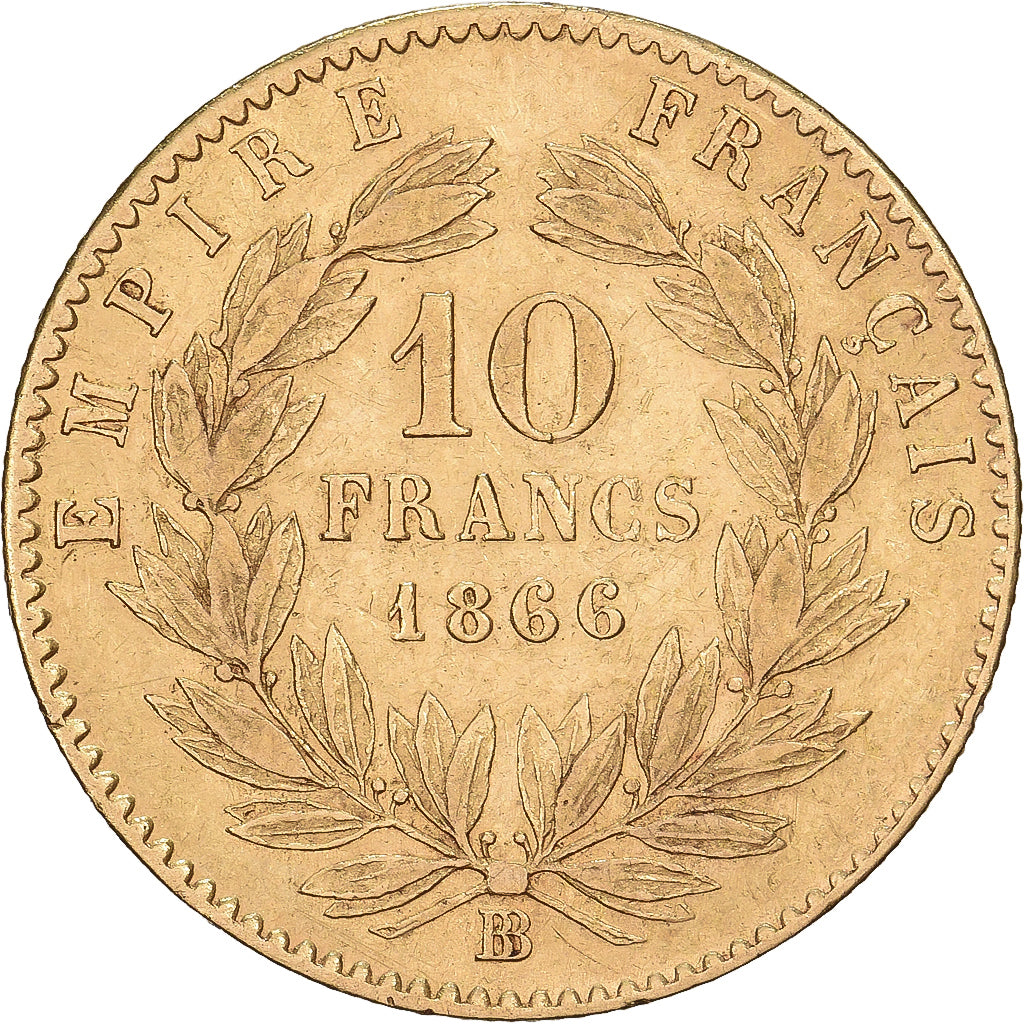 Francja, 10 Francs, Napoléon III, 1866, Strasbourg, Large BB, Złoto