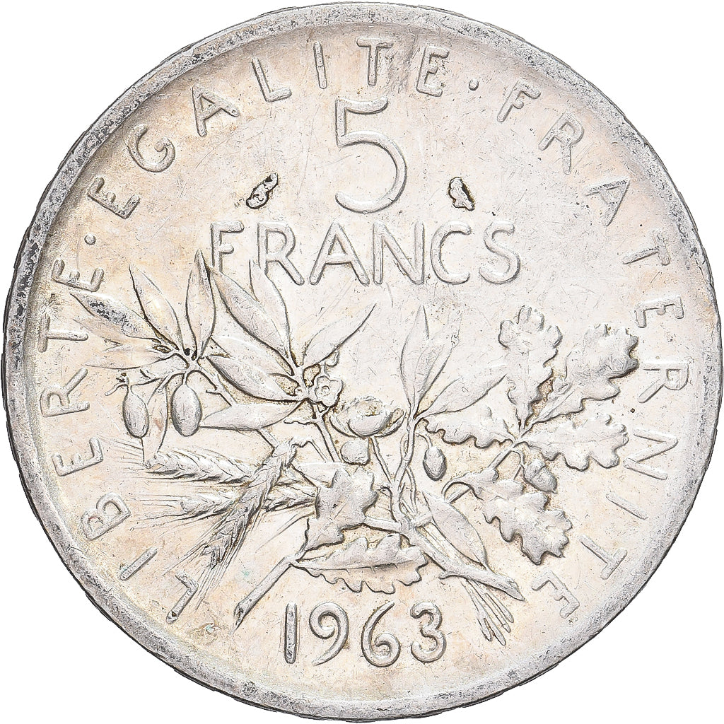 França, 5 Francs, Semeuse, 1963, Paris, flan clipé, Prata, AU(50-53)