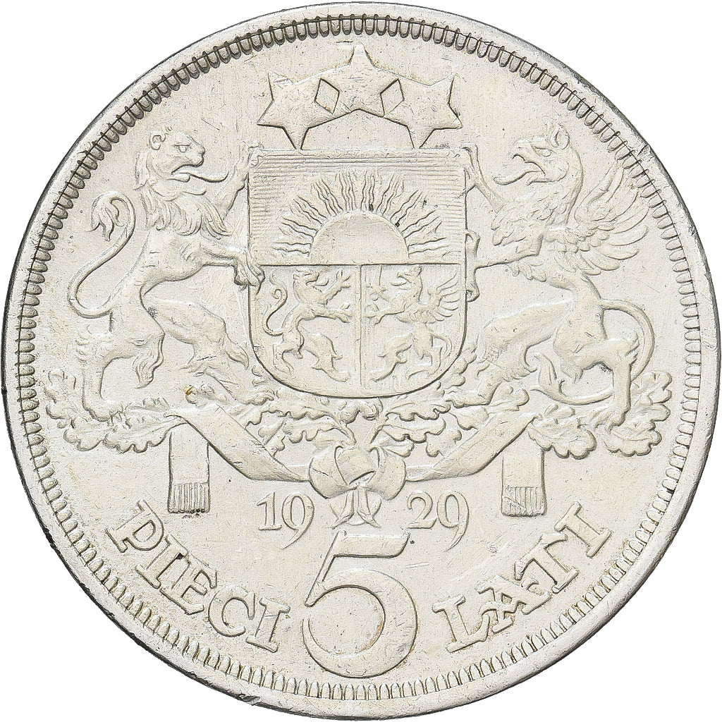 Łotwa, 5 Lati, 1929, Srebro, AU(50-53), KM:9